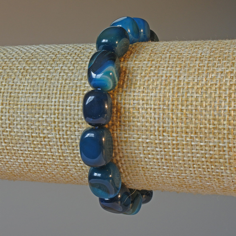 Bracelet en agate bleu, pierre naturelle, perles rectangulaires, dimensions 9×12 mm ±, longueur 18 cm ± (extensible)