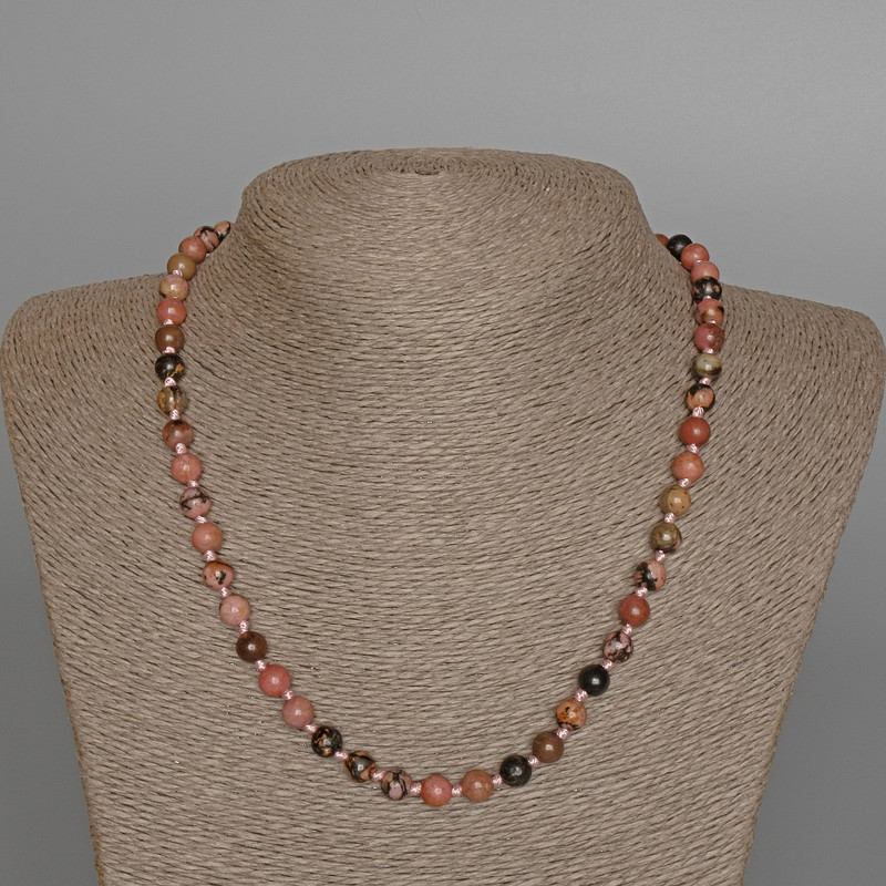 Collier en rhodonite, pierre naturelle, boules lisses de 7 mm, longueur 49 cm ±