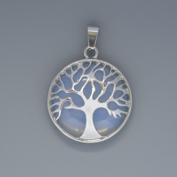 Pendentif Arbre en pierre de lune, diamètre environ 27 mm, longueur environ 37 mm, monture argentée