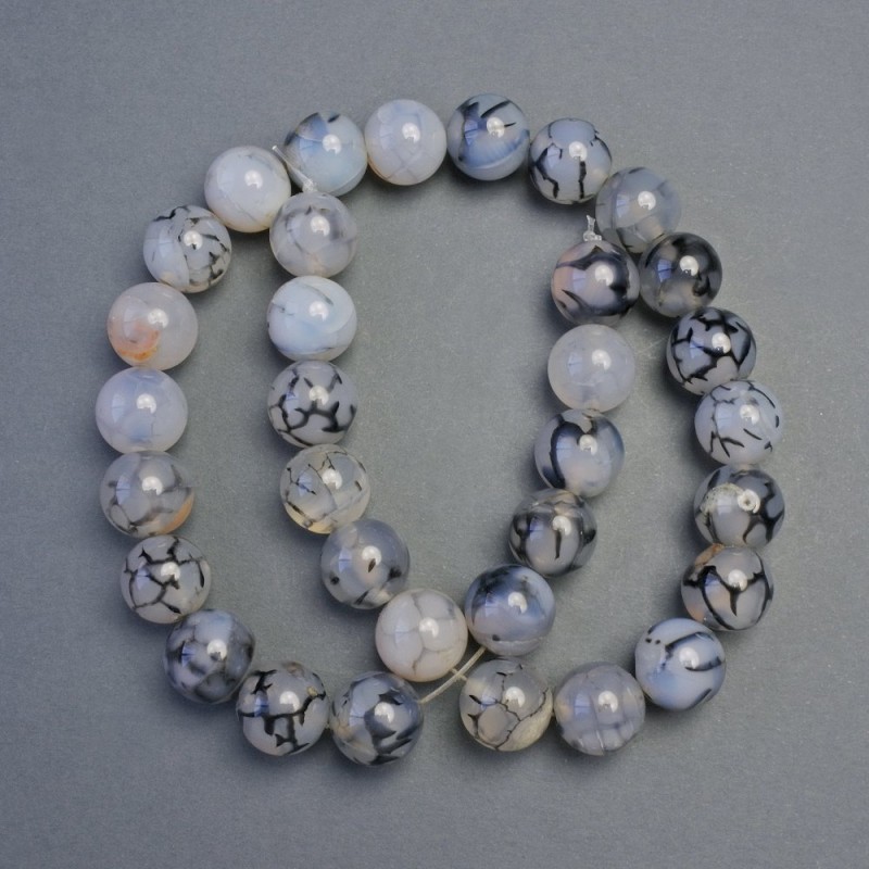 Perles d'agate « Veines du dragon », boules lisses, diamètre 12 mm ±, longueur 39 cm ± sur fil
