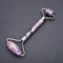 Massageur en pierre d'améthyste à double face, longueur 14,5 cm, métal argenté