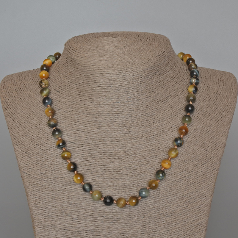 Collier œil de chat jaune-gris, pierre naturelle, perles rondes lisses de 8 mm, longueur 48 cm ±