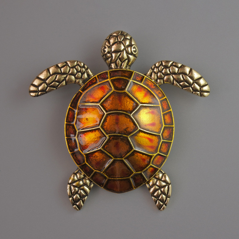 Broche-pendentif Tortue émail orange, métal doré 55×55 mm
