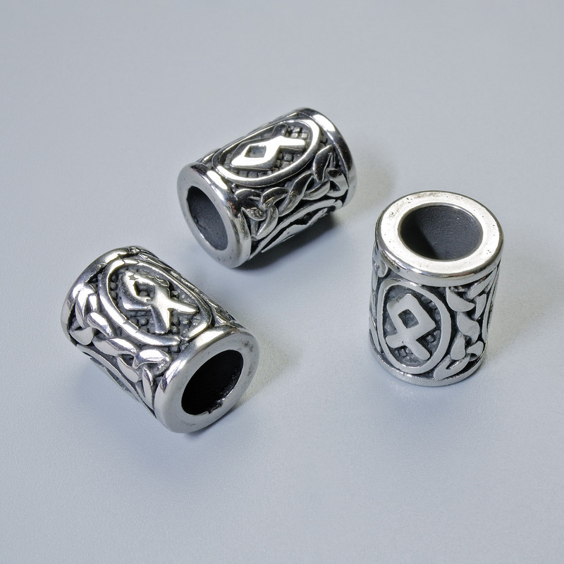 Composant perle «Rune scandinave», diamètre 13×10 mm ±, trou de 6 mm, couleur argentée du métal, 1 pièce