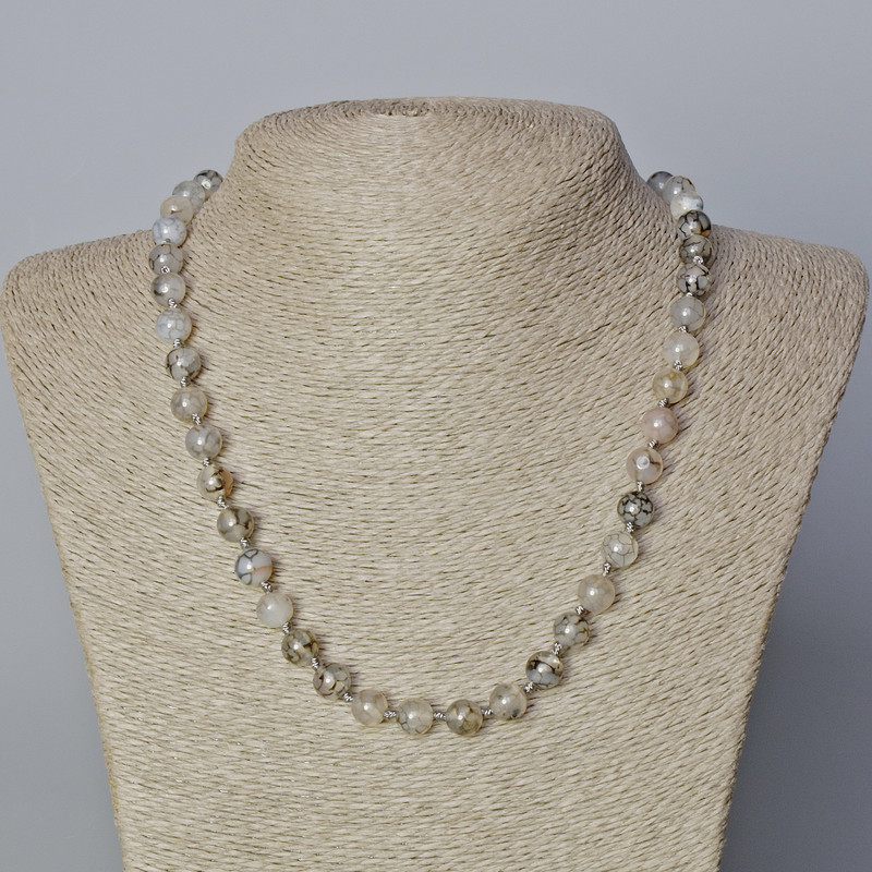 Collier d'agate «Veines de Dragon», perles lisses de 8 mm de diamètre, longueur 45–48 cm ±