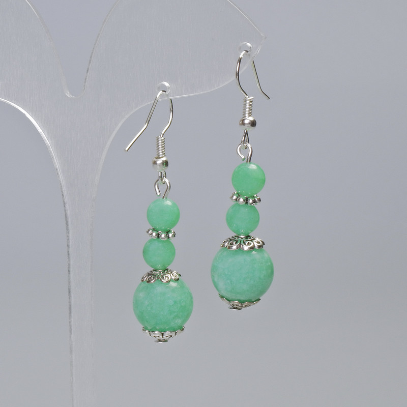 Boucles d'oreilles en amazonite, boules lisses, diamètre 12 mm et 6 mm ±, longueur 48 mm ±, avec inserts métalliques