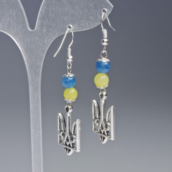 Boucles d'oreilles «Blason», diamètre 15 mm ± avec perles de citrine et d'aigue-marine, diamètre 6,5 mm ±, longueur 60 mm ±, couleur métal argenté