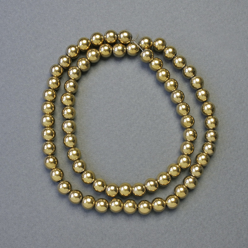 Perles d'hématite dorées, rondes et lisses, diamètre 6 mm, longueur 41 cm environ