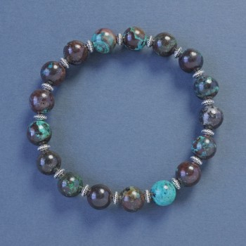 Bracelet chrysocolle, perles lisses rondes de 9 mm, longueur 18 cm +/- élastique avec inserts décoratifs