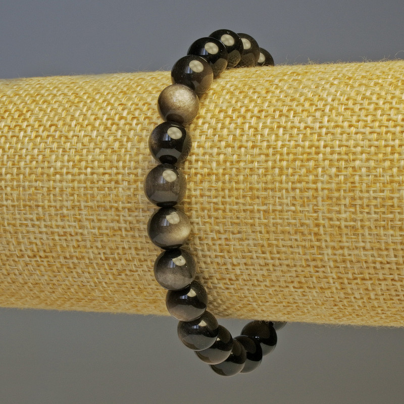 Bracelet obsidienne argentée, billes lisses, diamètre environ 8 mm, longueur 18 cm, élastique
