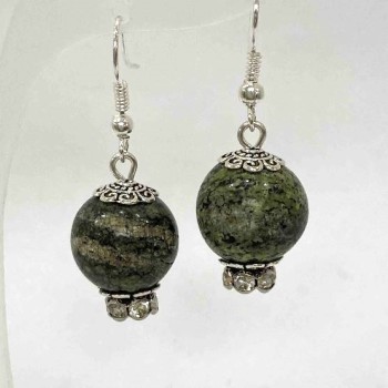 Boucles d'oreilles en serpentine, boule lisse, diamètre 14 mm, longueur 38 mm