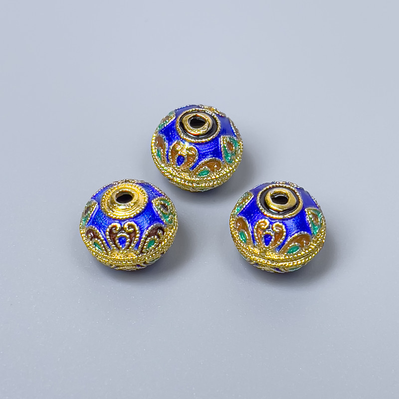 Perle cloisonnée émaillée bleue, diamètre 10×9 mm, trou d'environ 1,8 mm, couleur métal doré, 1 pièce