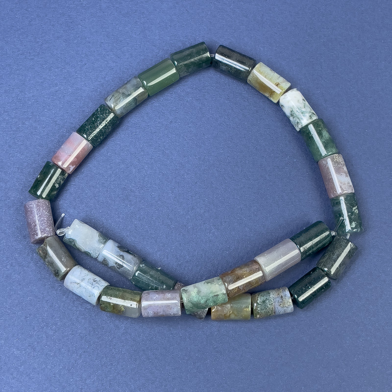 Perles d'agate mousse sur fil — cylindrique, diamètre 12×8 mm, longueur d'environ 38 cm