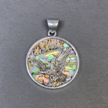 Pendentif Aigle en haliotis, métal argenté, diamètre 32 mm+