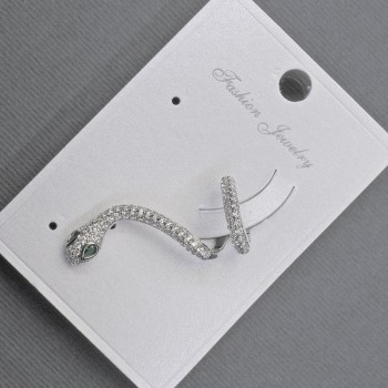 Boucle d'oreille clip «Serpent» en métal argenté, 14×30 mm ±, avec strass blancs et verts