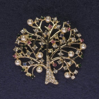 Broche Arbre avec strass et perles nacrées, métal doré, diamètre 46 mm +