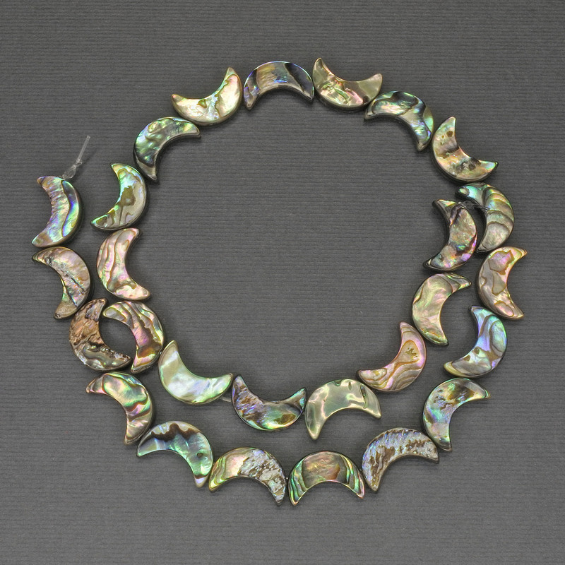 Perles d'ormeau en forme de croissant, diamètre 15 mm (+/-), longueur environ 39 cm (+/-) sur fil