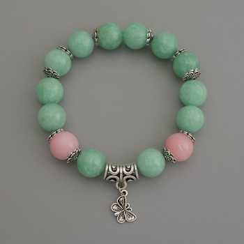Bracelet en jadéite avec perles rondes lisses, diamètre 12 mm +-, quartz rose avec perles rondes lisses, diamètre 12 mm +-, inserts métalliques, longueur 18 cm +-, élastique