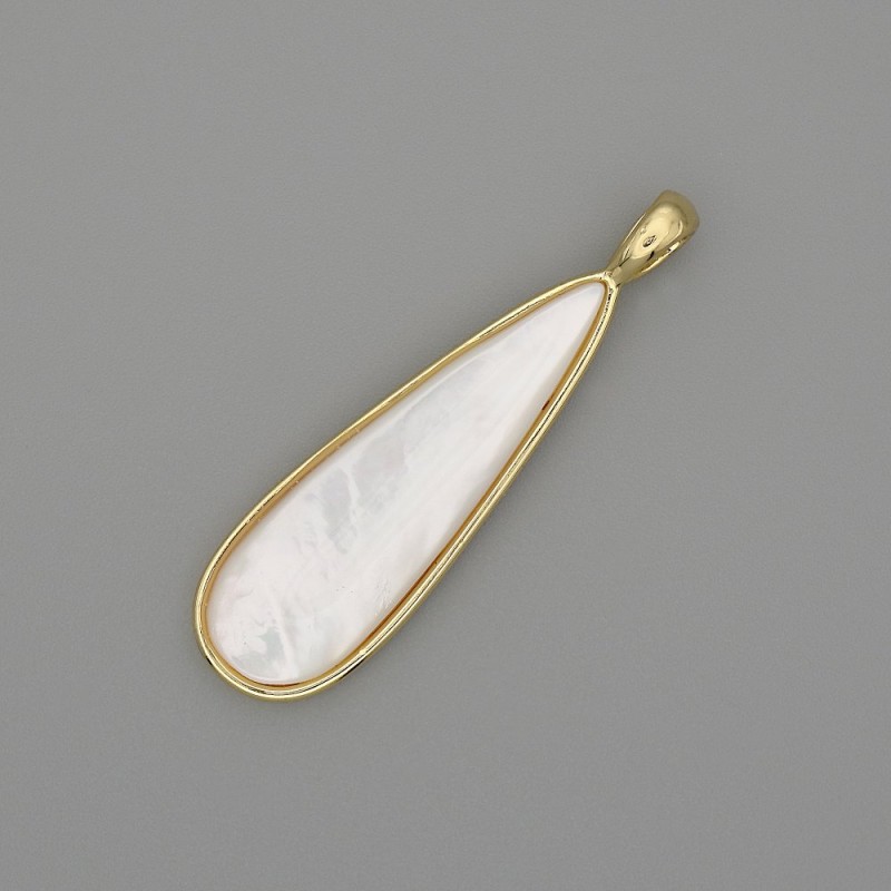 Pendentif nacre goutte 40 × 11 mm ± métal doré
