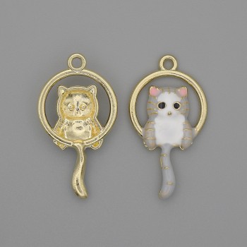 Pendentif chat blanc et gris émaillé, métal doré, diamètre 15×27 mm, pack de 2 pièces