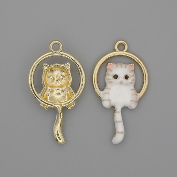 Pendentif chat blanc émail doré, métal doré, diamètre 15×27 mm, lot de 2 pièces