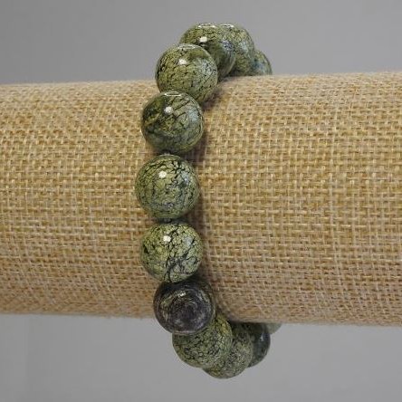 Bracelet en serpentine naturel, billes lisses, diamètre 15 mm ±, longueur 18 cm ± (élastique)
