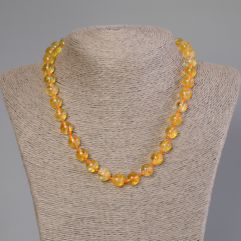 Collier en citrine, perles sphériques lisses, diamètre 10 mm ±, longueur 50 cm ±, avec fermoir