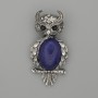 Broche-pendantif Hibou en azurite 60 × 29 mm ±, strass noirs, métal argenté