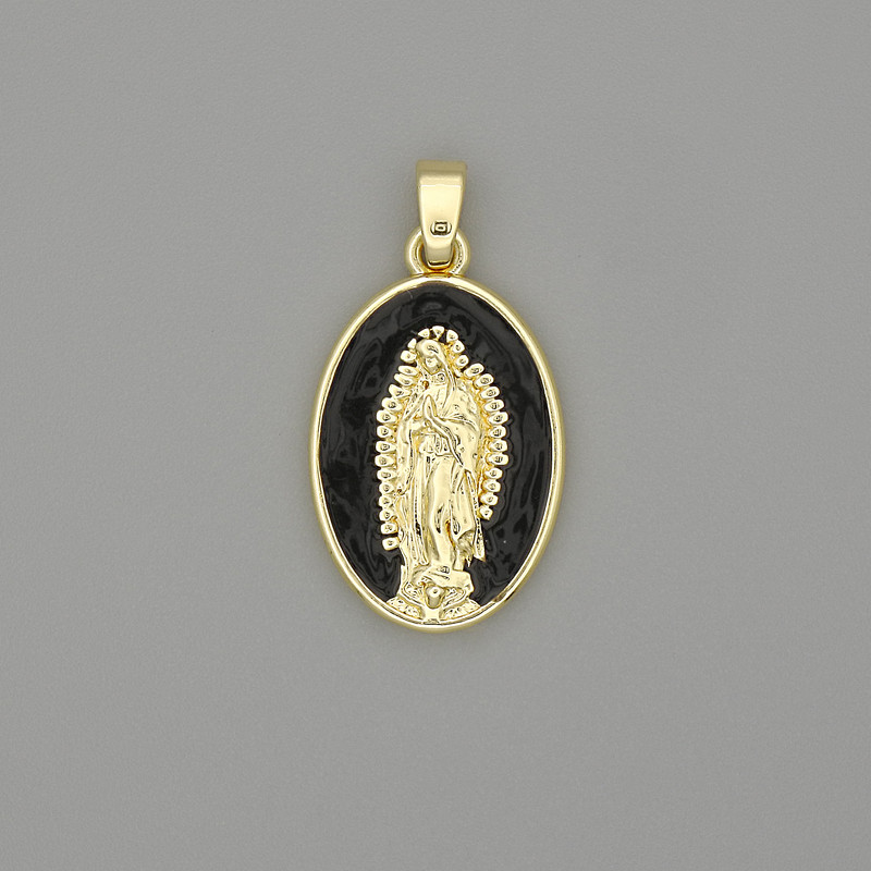 Pendentif Mère de Dieu émaillé, métal doré, diamètre 29×18 mm+