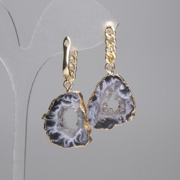 Boucles d'oreilles en agate druse taillée, 24 × 19 mm, longueur d'environ 43 mm