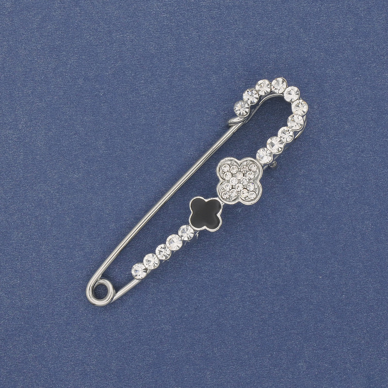 Broche-épingle en trèfle à quatre feuilles, strass blancs, 58×15 mm, métal argenté