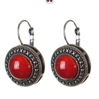Solde Boucles d'oreilles en cornaline, monture «point croix», pierre ronde de 2 cm, longueur 3 cm