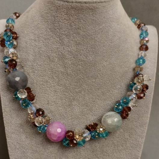 Collier en agate et cristal tchèque, longueur 55 cm+