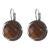 Soldes. Boucles d'oreilles œil de tigre, monture lisse, pierre ronde de 2 cm, longueur 3,1 cm