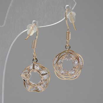 Boucles d'oreilles «Itaoliao» en forme de roses avec cristaux, diamètre 15 mm, longueur 35 mm, couleur dorée