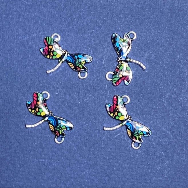 Connecteur libellule émaillé à motif coloré, 22×16 mm, emballage de 4 pièces