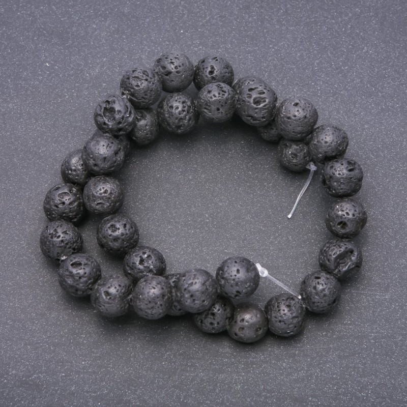 Perles de lave naturelle sur fil, diamètre 12 mm, longueur 37 cm