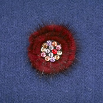 Broche en fourrure de mink bordeaux avec strass, diamètre 60 mm