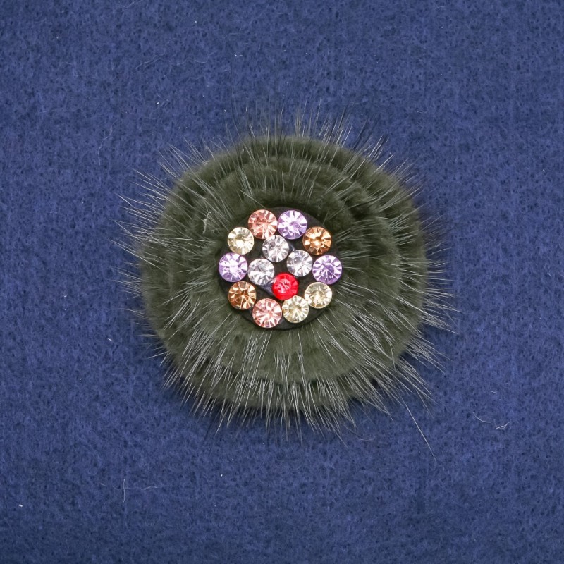 Broche en fourrure de vison verte ornée de strass, diamètre 60 mm