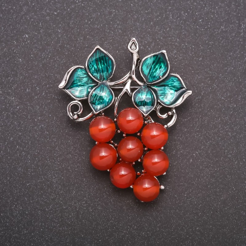 Broche en cornaline naturelle «Grappe de raisin» couleur métal gris 50 × 40 mm