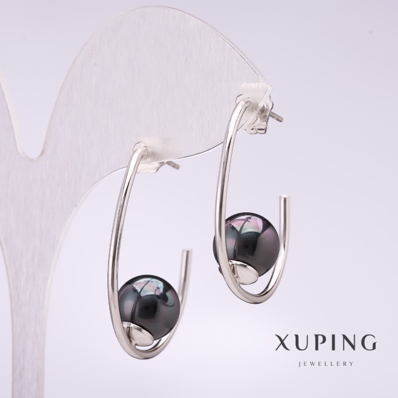 Boucles d'oreilles Xuping à attache avec perle noire de Majorque 33×10 mm, dorure rhodium