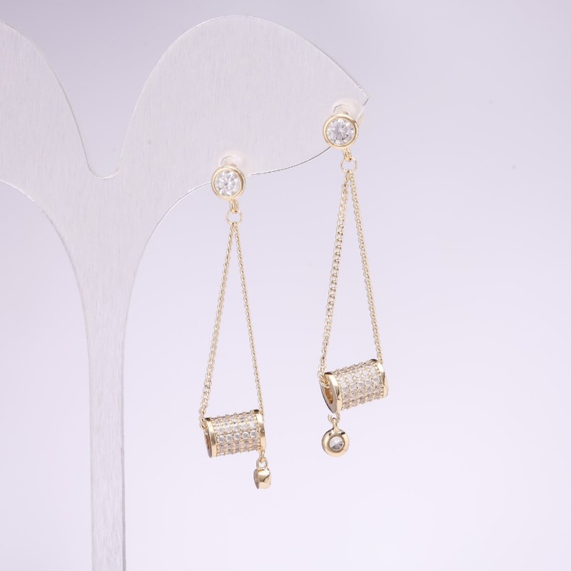 Boucles d'oreilles pendantes série 925, strass blancs, métal doré, dimensions 48×9 mm