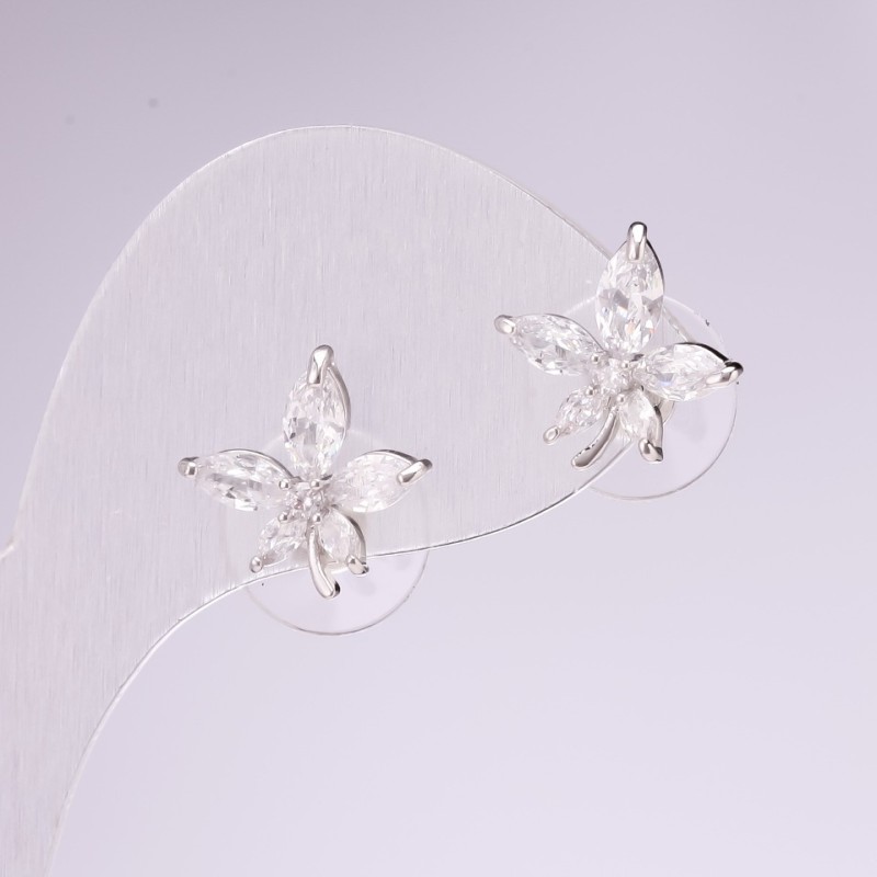 Boucles d'oreilles puces «Feuilles» Série 925 avec pierres blanches 14×14 mm métal argenté