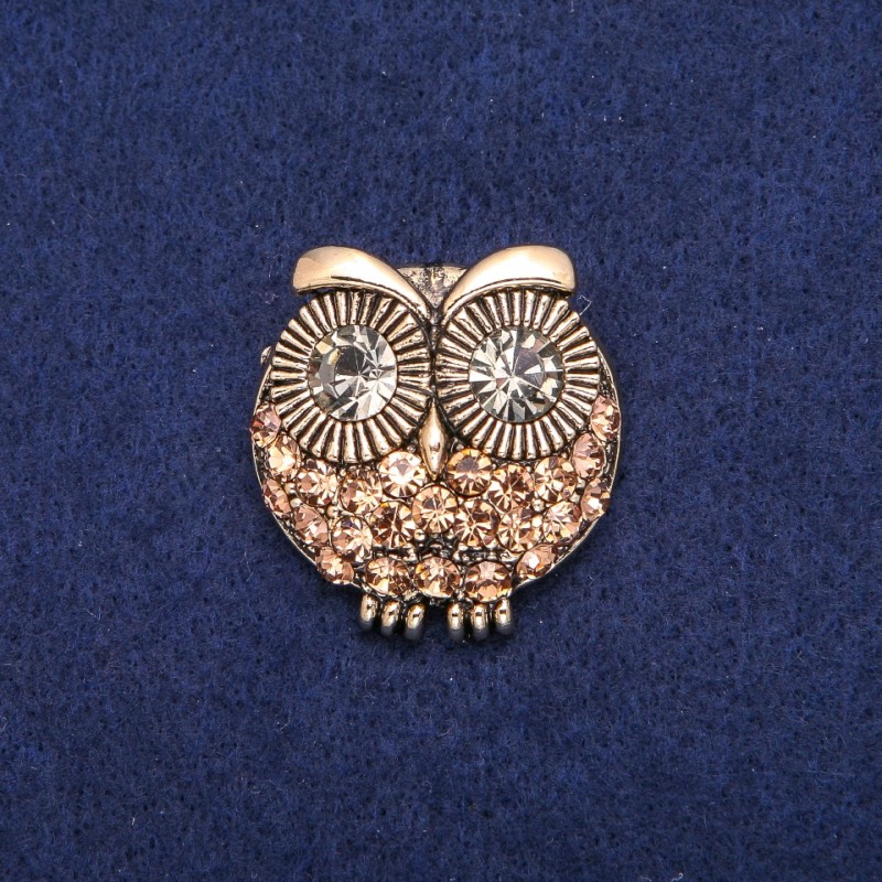 Broche hibou avec cristaux jaunes, métal doré 32×33 mm