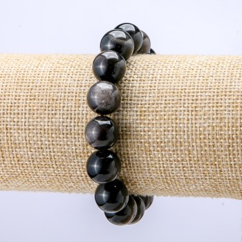 Bracelet en obsidienne argentée, billes lisses de 12 mm de diamètre, longueur 18 cm +