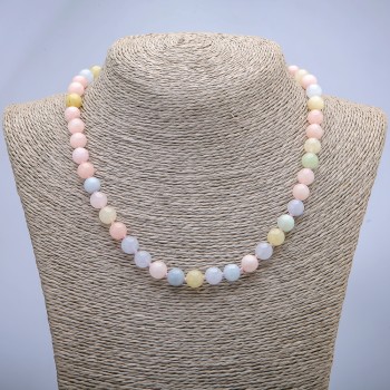 Collier en Morganite à billes lisses, diamètre 8 mm +/-, longueur 45 cm +/-
