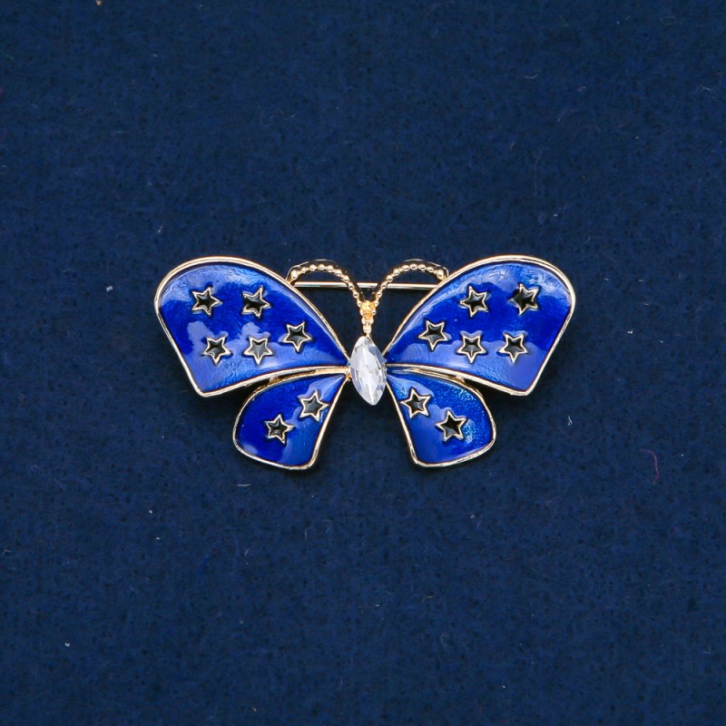 Broche Papillon en métal doré, émail et strass blanc 48×24 mm +