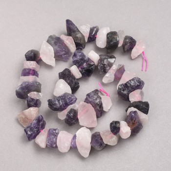 Perles brutes en pierre rose et améthystes non taillées sur fil, diamètre 12×20 mm ±, longueur environ 42 cm ±