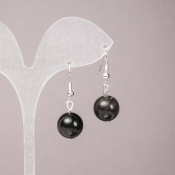 Boucles d'oreilles en obsidienne argentée, boule lisse, diamètre 12 mm ±, longueur 33 mm ±