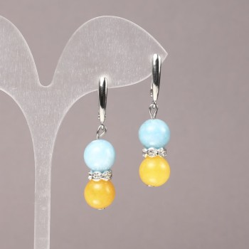 Boucles d'oreilles en pierre naturelle aigue-marine et citrine avec strass blancs, diamètre d'environ 10 mm, longueur d'environ 43 mm